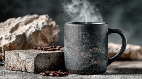 Dark textured coffee mug with steam rising, resting on stone surface and surrounded by coffee beans, highlighting cozy beverage atmosphere and rustic elements