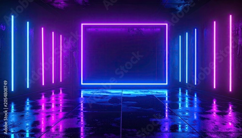 Vibrant neon blue and purple light tunnel with reflective floor