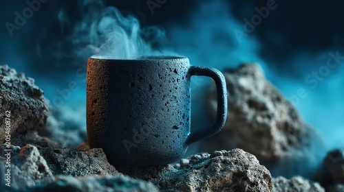 Textured black coffee mug with steam rising on rocky surface against soft blue background for cozy and inviting atmosphere in lifestyle imagery