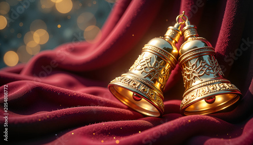 ornate golden bells resting on rich burgundy fabric with soft bokeh background for festive celebrations and seasonal events, concept celebration