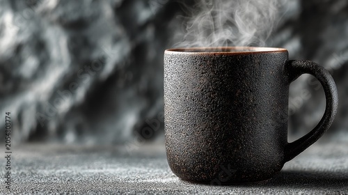 Cozy black ceramic mug with steam rising, set against a blurred gray background, perfect for hot beverages and warm moments of relaxation.