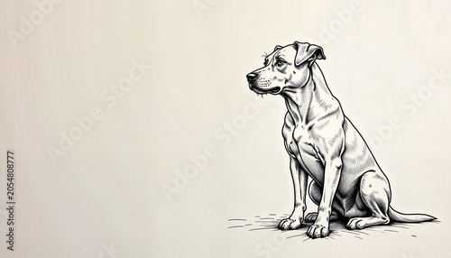 sitting dog illustration in line art style showing attentive expression against a neutral background, concept pet ownership with copy space