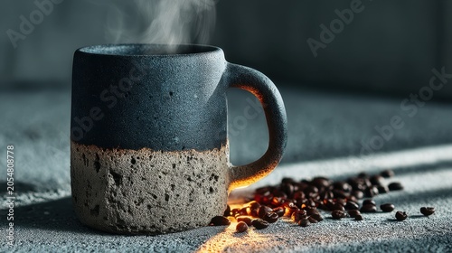 Steaming Rustic Coffee Mug with Handcrafted Design, Coffee Beans on a Textured Surface, Warm Lighting and Soft Shadows Creating an Inviting Vibe