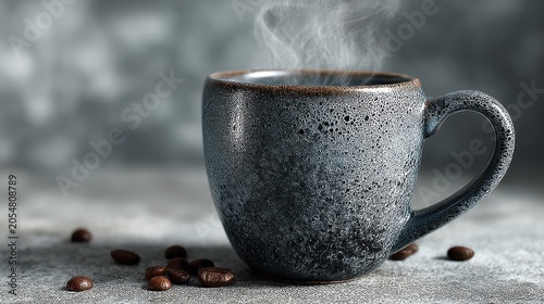 Hot Coffee Mug with Steam and Coffee Beans on Gray Background, Perfect for Morning Beverage and Cozy Atmosphere Photography