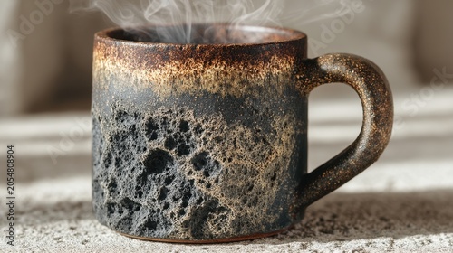 Rustic ceramic coffee mug with smoky steam rising, showcasing unique texture and earthy tones on vintage stone background, perfect for cozy settings
