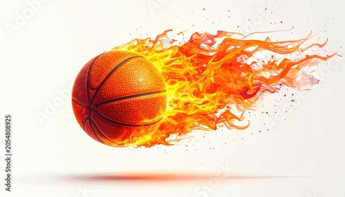Orange basketball with fiery trail speeding through white background