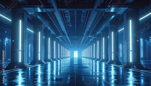 Long neon blue lit sci-fi corridor with reflective surfaces