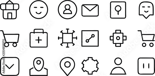 Photos A collection of simple, line-art icons representing various functions and concepts for digital interfaces, including shopping, communication, and user profiles