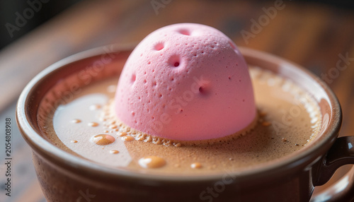 pink ice cream topping on hot chocolate in a brown mug against a wooden table background, concept dessert enjoyment