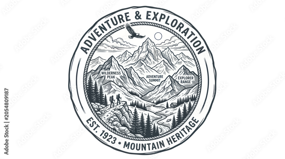 Fototapeta premium Vintage mountain adventure emblem with hikers and soaring eagle