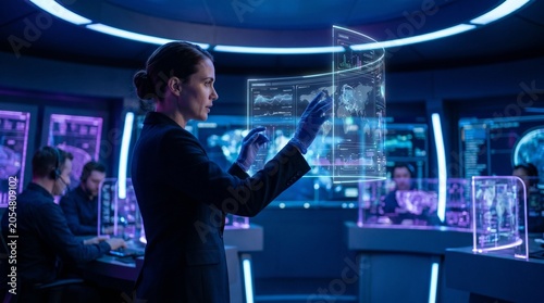 Professional woman interacting with a holographic interface in a high-tech futuristic command center.