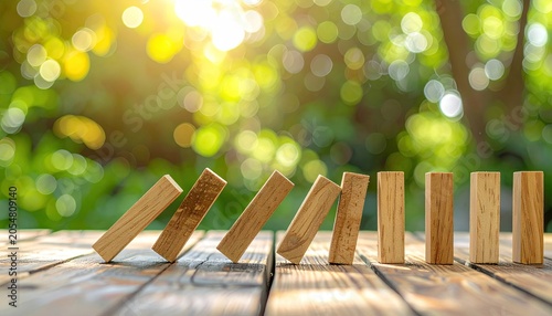 Domino effect wooden blocks falling on a rustic table, sunny nature