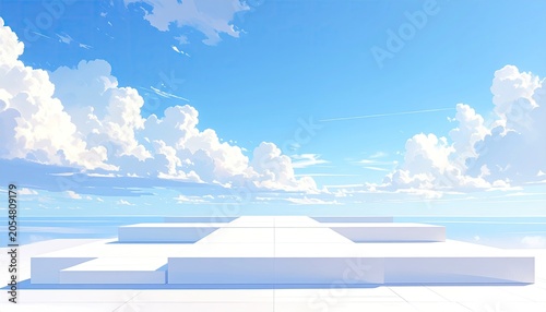 White platform, blue sky, fluffy clouds, calm ocean horizon, bright