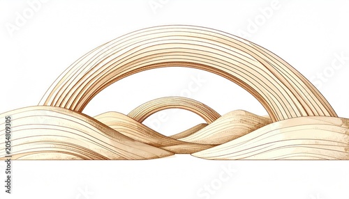 Layered wooden arches curve above undulating beige waves