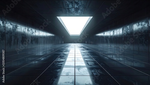 Long, dark, reflective sci-fi corridor with bright overhead light