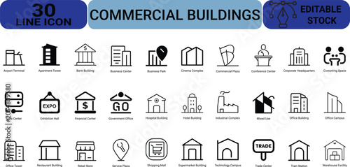 Commercial buildings line icons collection including airport terminal bank business center cinema complex coworking space data center hotel and shops.