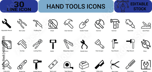 Professional hand tools line icons containing adjustable wrench bolt cutter caulking gun chisel hammer hand drill handsaw hex key and measuring caliper.