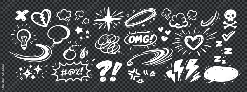 Obraz premium Doodle comic line icons with movement and anime expressions elements in white hand-drawn style for contrast layouts. These expressions movement doodle shapes are bold and clear.