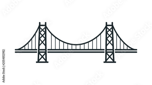 Modern Suspension Bridge Icon, Minimalist Line Art, Isolated on White Background
