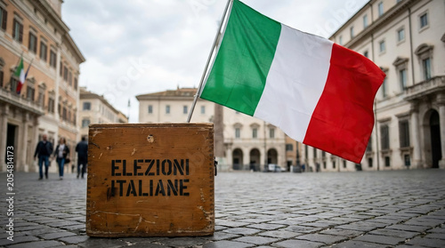 Italian election ballot box and national flag displayed in a historic city square, symbolizing democracy, voting rights, civic participation, and the electoral process.