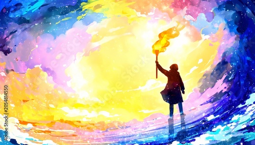 Silhouette Holding Torch In Dreamy Galaxy