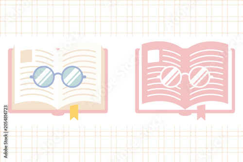 Set of cute pastel open books with reading glasses and pink grid pattern, flat vector kawaii illustration
