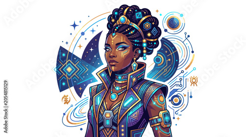 Powerful african woman in bioluminescent technological armor