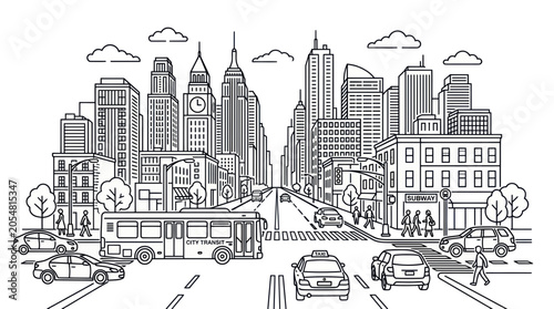 Modern metropolitan skyline with city transit bus and urban traffic