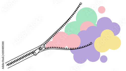 Bild auf Leinwand Black line art zipper opening to reveal colourful pastel cloud shapes in a creat