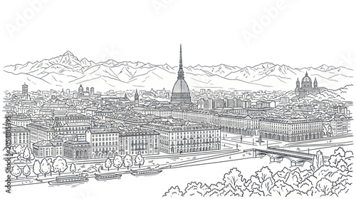 Panoramic turin cityscape with mole antonelliana and alps mountains