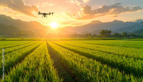 Agricultural drone flying over green rice fields at sunset.