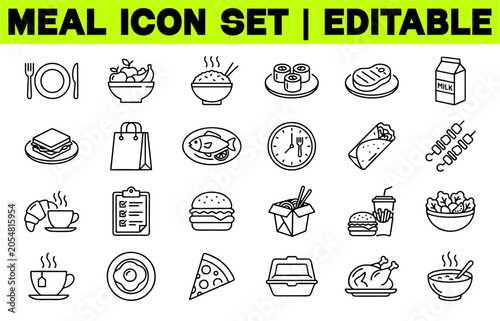 Meal Icon Set. Food, Dining, Restaurant and Nutrition Editable Line Vector Illustration Collection