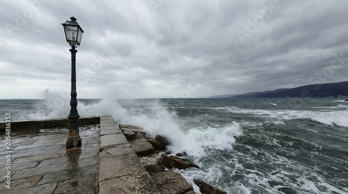 Powerful ocean waves crashing against a coastal seawall beneath dramatic storm clouds, capturing the raw energy of the sea and a moody maritime atmosphere.