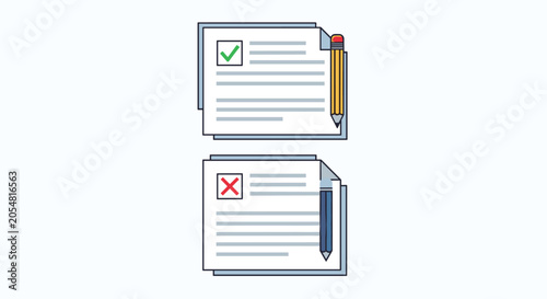 Documents with check and cross marks with pencils, representing surveys, tests, evaluation results, and successfully completed paperwork.