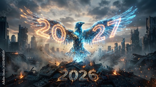 Futuristic Cybernetic Eagle Rising from the Ruins of 2026 to New Year 2027