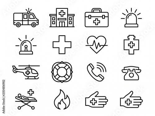 Emergency Medical Icon Set Black White Line Vector Style