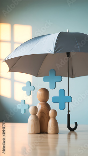 A family of three wooden figures under a protective umbrella with blue medical crosses floating around them on a table indoors