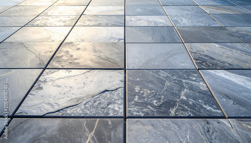 High-angle view of gray slate granite tile floor pavement texture background