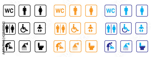 Toilet icon set vector illustration. Transparent PNG. Editable stroke. Washroom, male, female, unisex accessible, baby changing table room, shower 3 deferent color. WC sign.