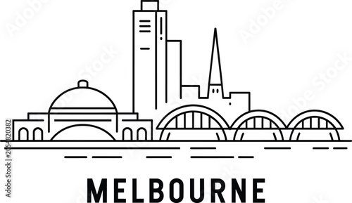 Melbourne city skyline, urban architectural landmarks and bridges, modern travel destination line art illustration in outline style