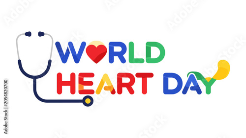 Foto World Heart Day Announcement: A graphic announcing World Heart Day, featuring a stethoscope artistically integrated with the colorful lettering, symbolizing health and cardiac care