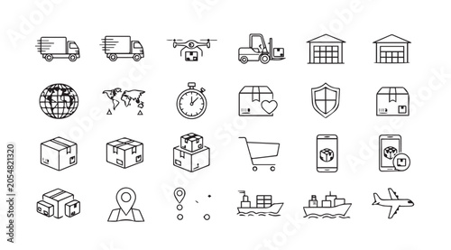 Delivery icons with trucks drones and planes in a clean outline style