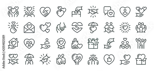 Charity and donation line icons set including love, volunteer work, help, care, and community support symbols