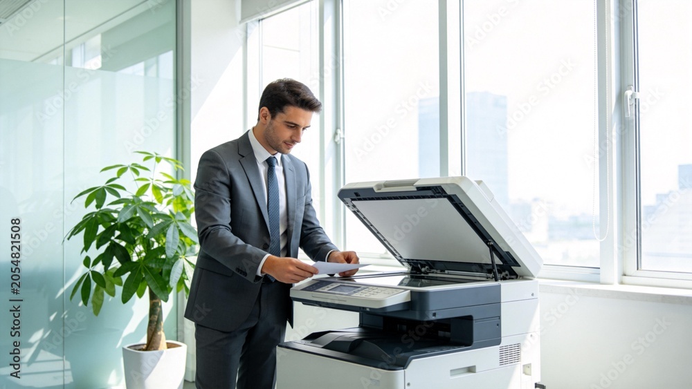 Naklejka premium Businessman using office printer