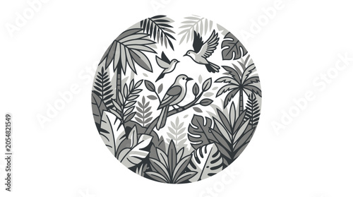 Botanical circular composition featuring birds and dense tropical foliage.