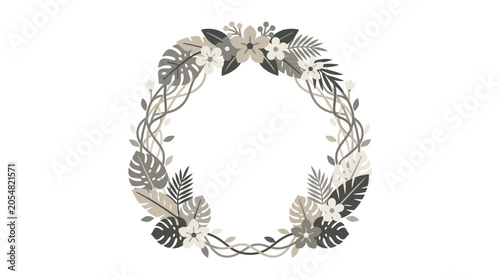 Circular tropical wreath with exotic flowers and palm leaves.