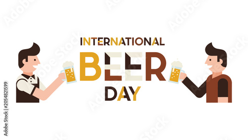 Tableau sur toile International Beer Day Celebration: Two cheerful men in casual attire raise glasses of golden beer in a toast, celebrating International Beer Day with stylized text