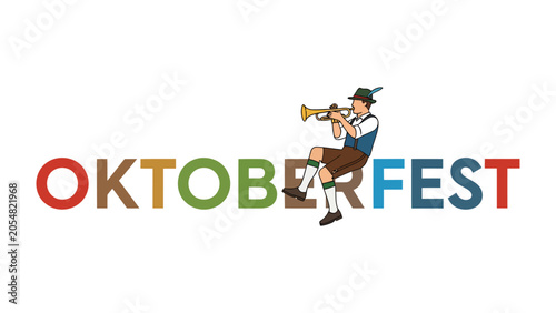 Photos Oktoberfest Celebration Graphic: A vibrant graphic featuring the word Oktoberfest in colorful, bold letters, with a musician in traditional Bavarian attire playing a horn in the center