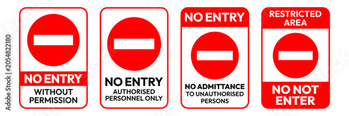 No entry authorised personnel sign. No access pedestrians prohibition sign. Do not enter without permission symbol. No public access area prohibited safety signs. Stop hand icon. Vector Illustration.
