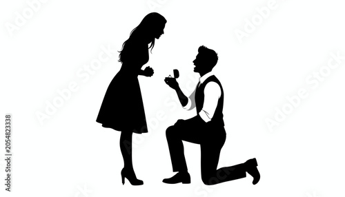 Cuadro en lienzo Man proposing to his girlfriend on one knee with engagement ring in a box silhou